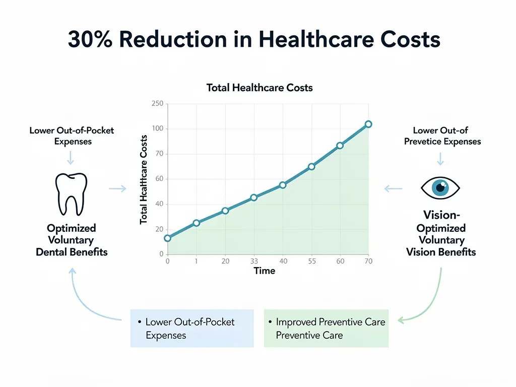 Illustrative chart comparing potential voluntary dental and vision insurance savings; the 30% figure is not a guaranteed result