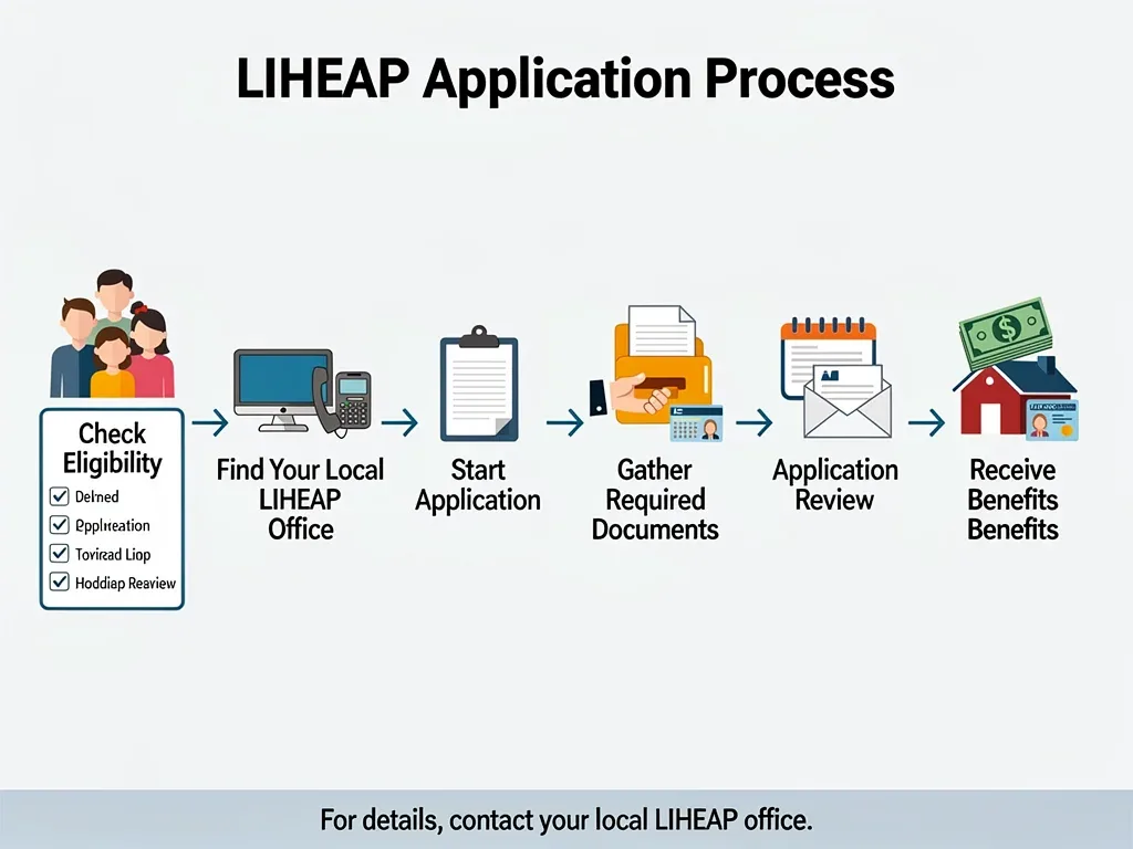 LIHEAP application process infographic with steps and requirements