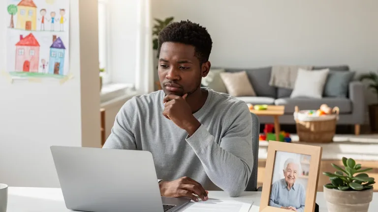 Working caregiver reviewing documents for paid family leave benefits